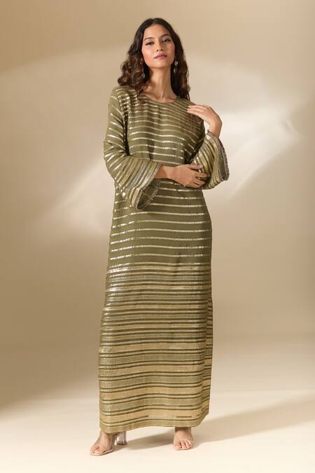 Shop_Ranian_Green Silk Embroidery Round Neck Badla Stripe Kaftan 