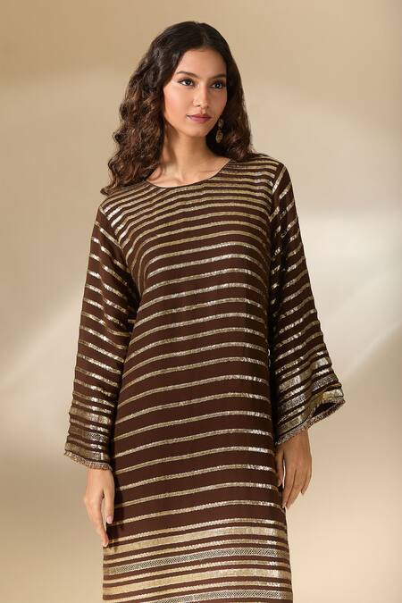 Buy Ranian Brown Silk Embroidery Round Neck Badla Striped Vine Kaftan Online at Aza Fashions Buy_Ranian_Brown Silk Embroidery Round Neck Badla Striped Vine Kaftan _Online_at_Aza_Fashions
