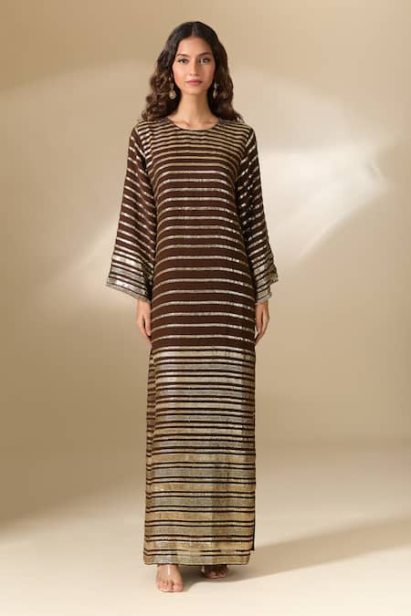 Shop Ranian Brown Silk Embroidery Round Neck Badla Striped Vine Kaftan Online at Aza Fashions Shop_Ranian_Brown Silk Embroidery Round Neck Badla Striped Vine Kaftan _Online_at_Aza_Fashions
