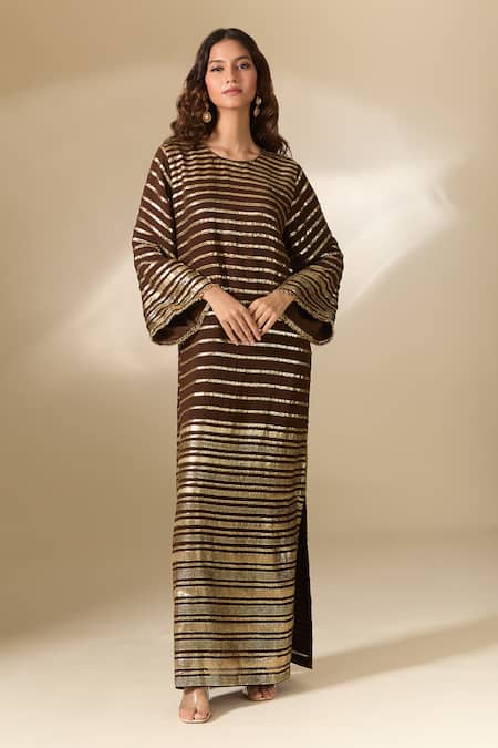 Ranian Brown Silk Embroidery Round Neck Badla Striped Vine Kaftan at Aza Fashions Ranian_Brown Silk Embroidery Round Neck Badla Striped Vine Kaftan _at_Aza_Fashions