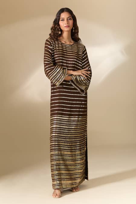 Buy Ranian Brown Silk Embroidery Round Neck Badla Striped Vine Kaftan Buy_Ranian_Brown Silk Embroidery Round Neck Badla Striped Vine Kaftan