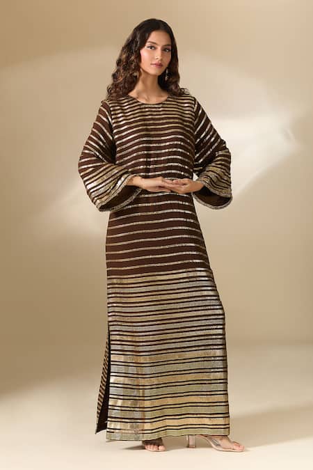 Shop Ranian Brown Silk Embroidery Round Neck Badla Striped Vine Kaftan Shop_Ranian_Brown Silk Embroidery Round Neck Badla Striped Vine Kaftan