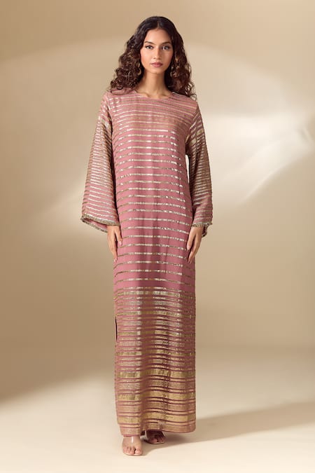 Shop Ranian Pink Silk Embroidery Round Neck Badla Striped Vine Side Slit Kaftan Online at Aza Fashions Shop_Ranian_Pink Silk Embroidery Round Neck Badla Striped Vine Side Slit Kaftan _Online_at_Aza_Fashions