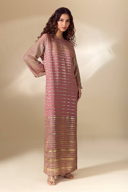 Ranian Pink Silk Embroidery Round Neck Badla Striped Vine Side Slit Kaftan at Aza Fashions Ranian_Pink Silk Embroidery Round Neck Badla Striped Vine Side Slit Kaftan _at_Aza_Fashions