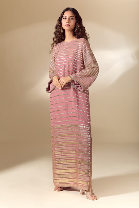 Buy Ranian Pink Silk Embroidery Round Neck Badla Striped Vine Side Slit Kaftan Buy_Ranian_Pink Silk Embroidery Round Neck Badla Striped Vine Side Slit Kaftan