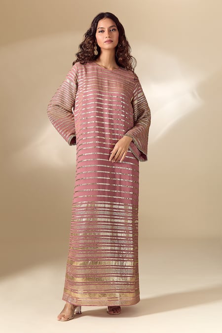 Shop Ranian Pink Silk Embroidery Round Neck Badla Striped Vine Side Slit Kaftan Shop_Ranian_Pink Silk Embroidery Round Neck Badla Striped Vine Side Slit Kaftan