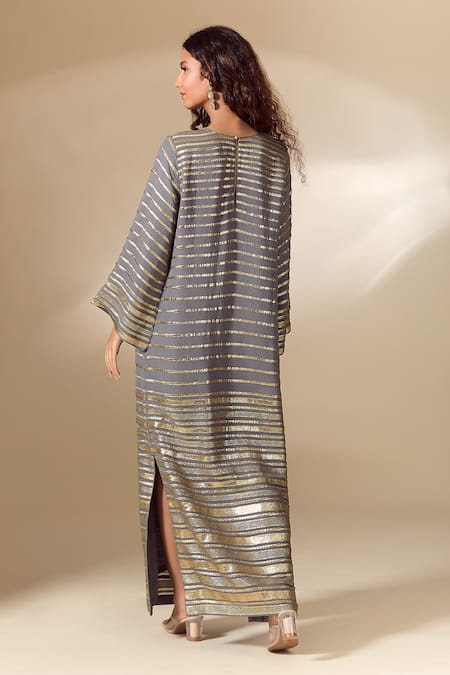 Ranian Badla Striped Vine Work Side Slit Kaftan 