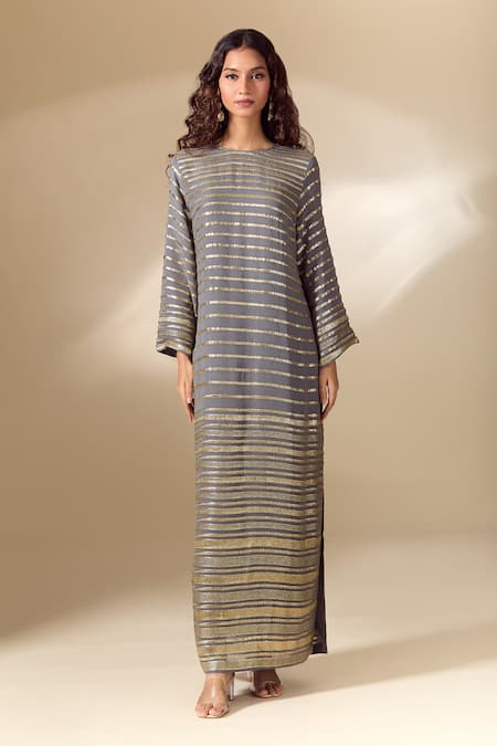 Buy_Ranian_Grey Silk Satin Embroidery Round Neck Badla Striped Vine Work Side Slit Kaftan _Online_at_Aza_Fashions