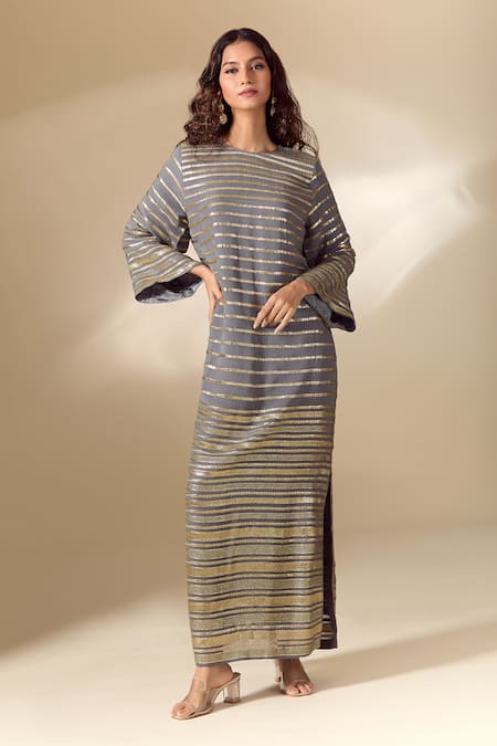 Shop_Ranian_Grey Silk Satin Embroidery Round Neck Badla Striped Vine Work Side Slit Kaftan _Online_at_Aza_Fashions