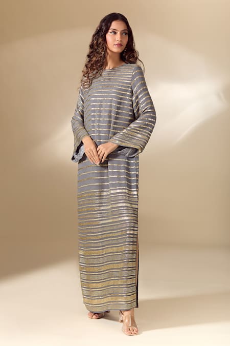 Ranian_Grey Silk Satin Embroidery Round Neck Badla Striped Vine Work Side Slit Kaftan _at_Aza_Fashions