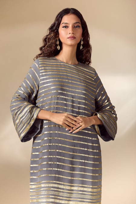 Buy_Ranian_Grey Silk Satin Embroidery Round Neck Badla Striped Vine Work Side Slit Kaftan 