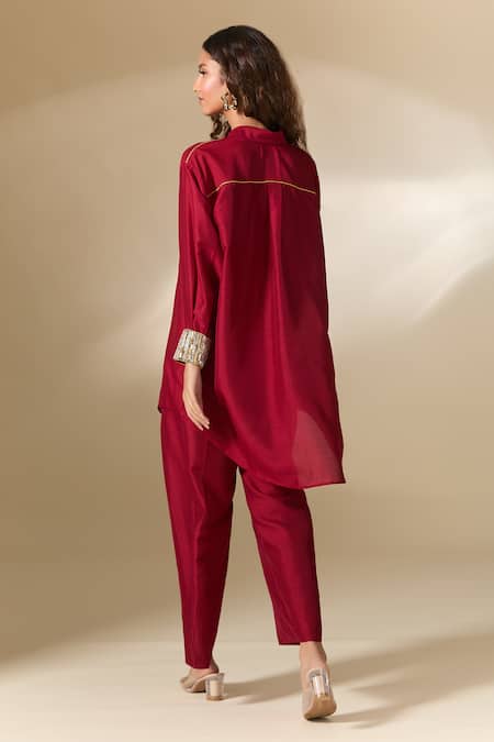 Ranian Embroidered Cuff High Low Shirt With Flared Pant 