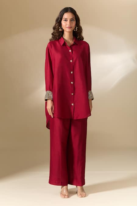 Buy_Ranian_Maroon Silk Pearls Collared Embroidered Cuff High Low Shirt With Pant _Online_at_Aza_Fashions