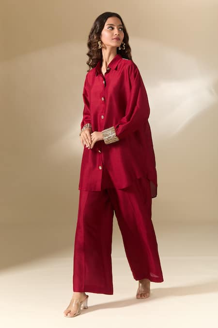 Shop_Ranian_Maroon Silk Pearls Collared Embroidered Cuff High Low Shirt With Pant _Online_at_Aza_Fashions