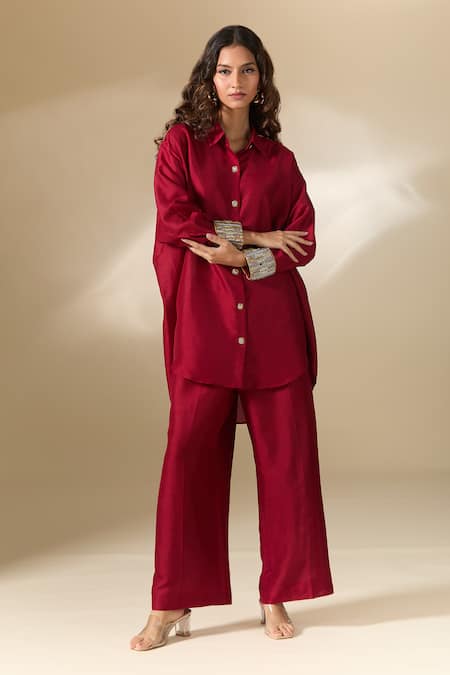 Ranian_Maroon Silk Pearls Collared Embroidered Cuff High Low Shirt With Pant _at_Aza_Fashions