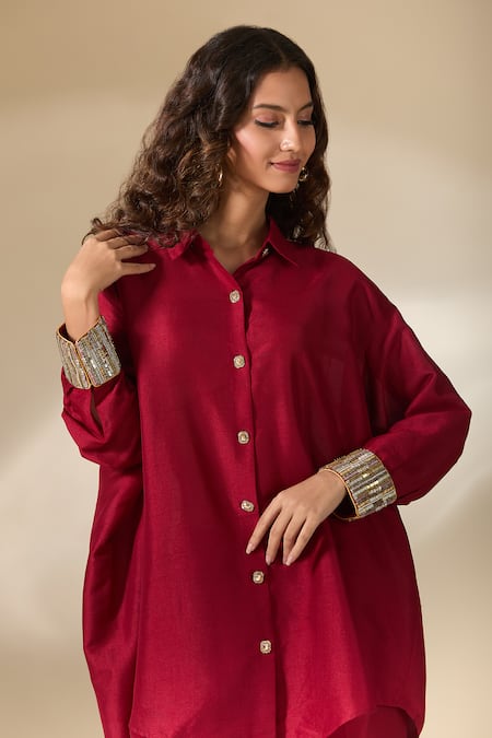 Buy_Ranian_Maroon Silk Pearls Collared Embroidered Cuff High Low Shirt With Pant 