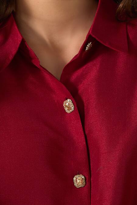 Shop_Ranian_Maroon Silk Pearls Collared Embroidered Cuff High Low Shirt With Pant 