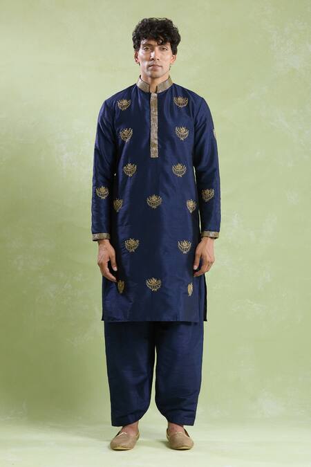 Buy_Arihant Rai Sinha_Blue Silk Embroidery Crescent Moon Butti Kurta With Salwar _Online_at_Aza_Fashions
