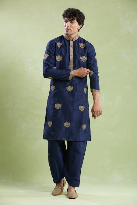 Shop_Arihant Rai Sinha_Blue Silk Embroidery Crescent Moon Butti Kurta With Salwar _Online_at_Aza_Fashions