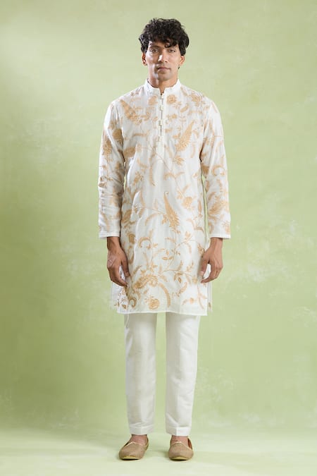 Arihant Rai Sinha White Chanderi, Silk Embroidery Floral Vine Kurta With Pyjama Online at Aza Fashions Arihant Rai Sinha_White Chanderi, Silk Embroidery Floral Vine Kurta With Pyjama _Online_at_Aza_Fashions