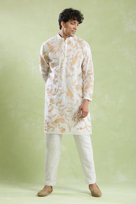 Buy Arihant Rai Sinha White Chanderi, Silk Embroidery Floral Vine Kurta With Pyjama Online at Aza Fashions Buy_Arihant Rai Sinha_White Chanderi, Silk Embroidery Floral Vine Kurta With Pyjama _Online_at_Aza_Fashions