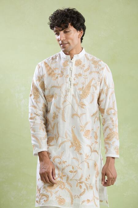 Shop Arihant Rai Sinha White Chanderi, Silk Embroidery Floral Vine Kurta With Pyjama Online at Aza Fashions Shop_Arihant Rai Sinha_White Chanderi, Silk Embroidery Floral Vine Kurta With Pyjama _Online_at_Aza_Fashions