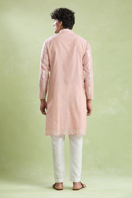 Shop_Arihant Rai Sinha_Pink Chanderi, Cotton Mirrors, Embroidery Linear Floral Kurta With Pyjama _at_Aza_Fashions