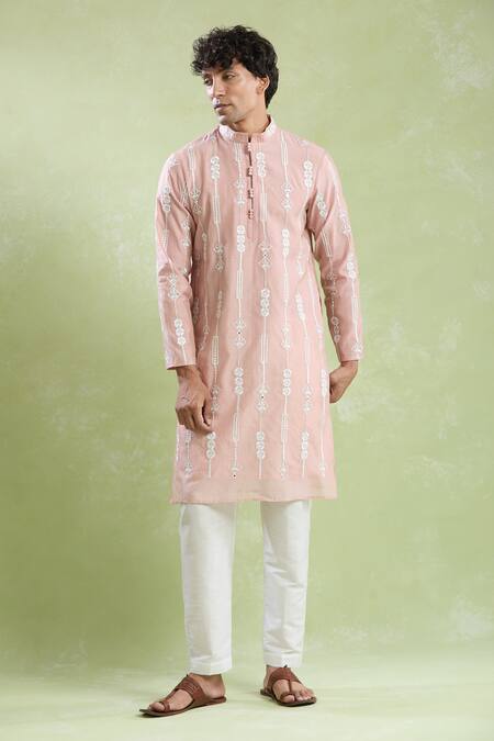 Arihant Rai Sinha_Pink Chanderi, Cotton Mirrors, Embroidery Linear Floral Kurta With Pyjama _at_Aza_Fashions