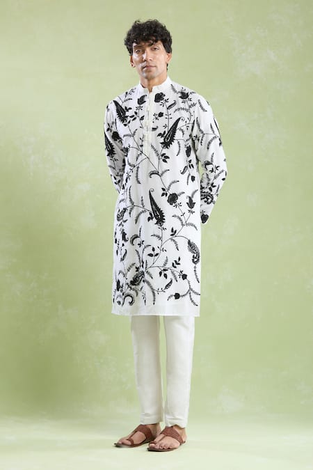 Shop Arihant Rai Sinha White Chanderi, Silk Embroidery Floral Bloom Kurta With Pyjama Online at Aza Fashions Shop_Arihant Rai Sinha_White Chanderi, Silk Embroidery Floral Bloom Kurta With Pyjama _Online_at_Aza_Fashions
