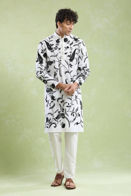 Arihant Rai Sinha White Chanderi, Silk Embroidery Floral Bloom Kurta With Pyjama at Aza Fashions Arihant Rai Sinha_White Chanderi, Silk Embroidery Floral Bloom Kurta With Pyjama _at_Aza_Fashions