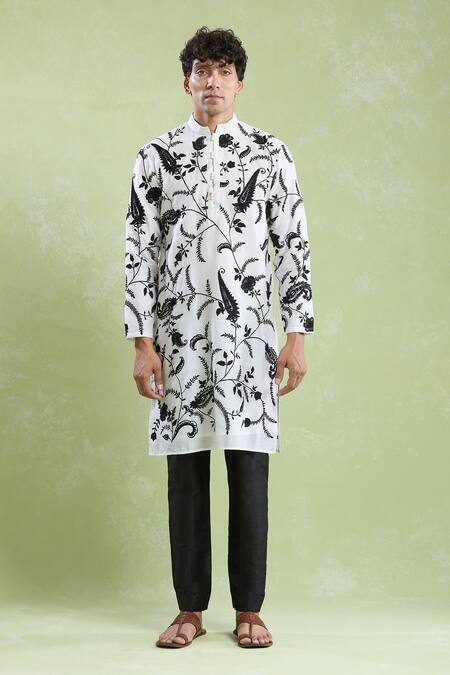 Arihant Rai Sinha_White Chanderi, Silk Embroidery Flower Bloom Kurta With Pyjama _Online_at_Aza_Fashions