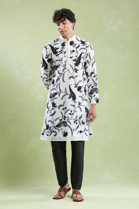 Buy_Arihant Rai Sinha_White Chanderi, Silk Embroidery Flower Bloom Kurta With Pyjama _Online_at_Aza_Fashions