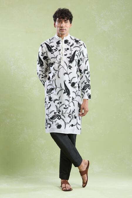 Shop_Arihant Rai Sinha_White Chanderi, Silk Embroidery Flower Bloom Kurta With Pyjama _Online_at_Aza_Fashions