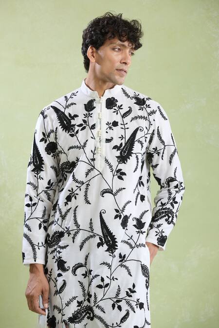 Arihant Rai Sinha_White Chanderi, Silk Embroidery Flower Bloom Kurta With Pyjama _at_Aza_Fashions