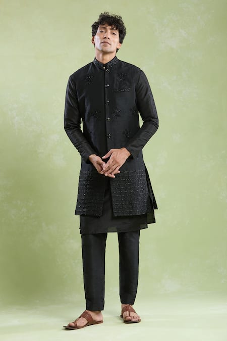 Buy_Arihant Rai Sinha_Black Silk Embroidery Floral Butti Bundi Kurta Set _Online_at_Aza_Fashions