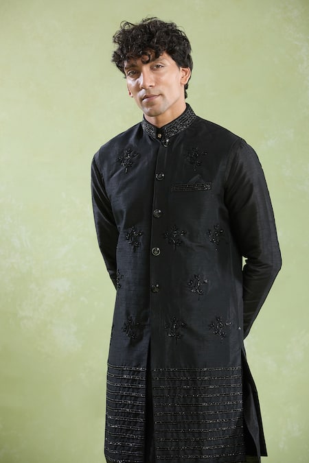 Shop_Arihant Rai Sinha_Black Silk Embroidery Floral Butti Bundi Kurta Set _Online_at_Aza_Fashions