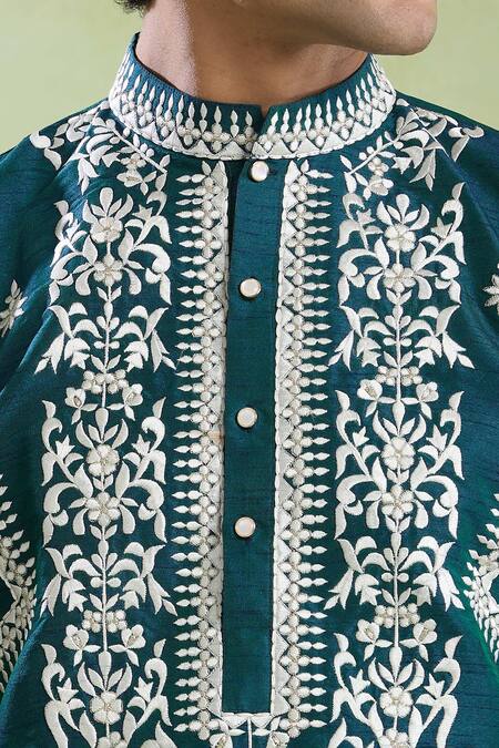 Arihant Rai Sinha_Green Silk Embroidery Resham Kurta With Pyjama _Online_at_Aza_Fashions