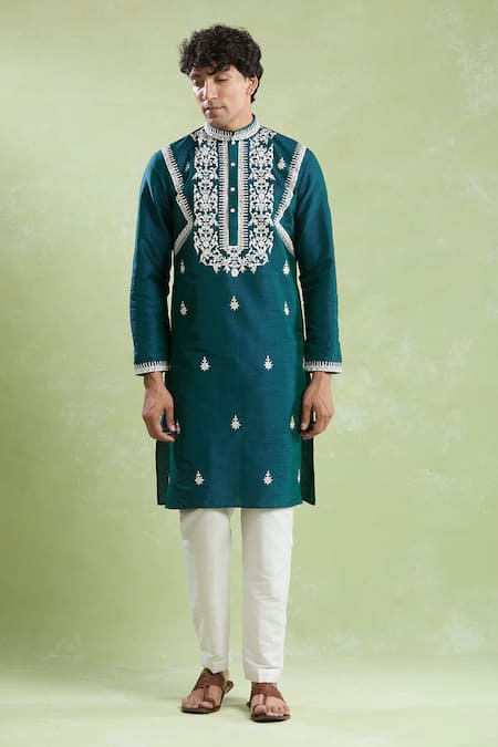 Buy_Arihant Rai Sinha_Green Silk Embroidery Resham Kurta With Pyjama _Online_at_Aza_Fashions