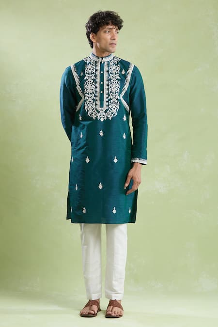 Shop_Arihant Rai Sinha_Green Silk Embroidery Resham Kurta With Pyjama _Online_at_Aza_Fashions