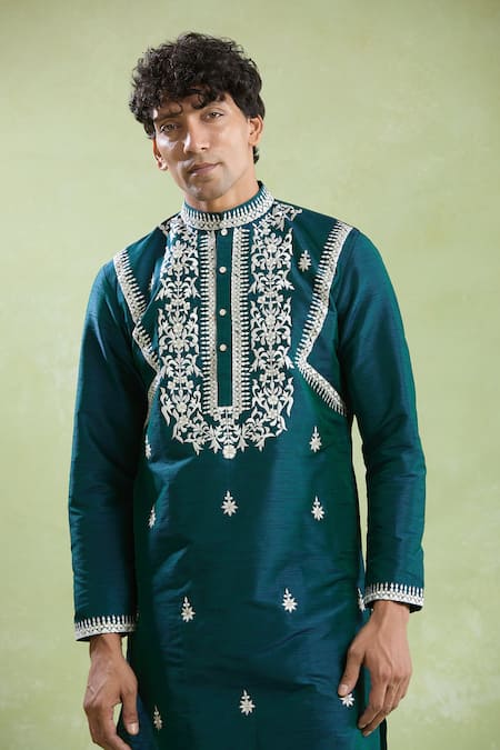Arihant Rai Sinha_Green Silk Embroidery Resham Kurta With Pyjama _at_Aza_Fashions