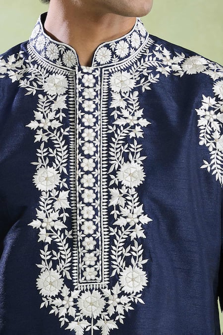 Arihant Rai Sinha_Blue Silk Embroidery Floret Kurta With Pyjama _Online_at_Aza_Fashions