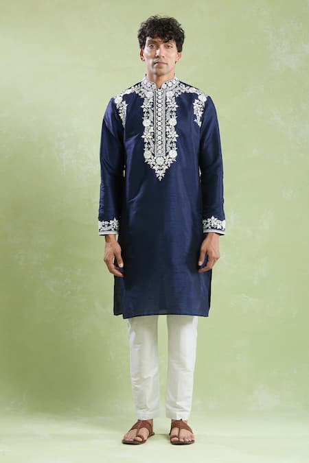 Buy_Arihant Rai Sinha_Blue Silk Embroidery Floret Kurta With Pyjama _Online_at_Aza_Fashions