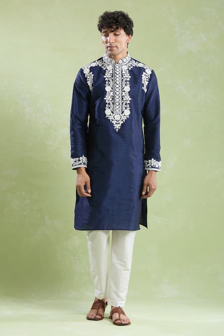 Shop_Arihant Rai Sinha_Blue Silk Embroidery Floret Kurta With Pyjama _Online_at_Aza_Fashions