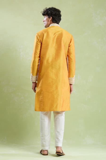 Shop_Arihant Rai Sinha_Yellow Silk Embroidery Floret Placket Kurta With Pyjama _at_Aza_Fashions