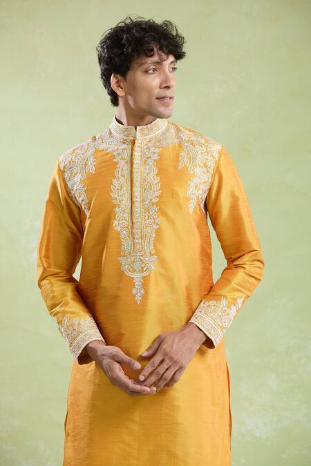 Arihant Rai Sinha_Yellow Silk Embroidery Floret Placket Kurta With Pyjama _Online_at_Aza_Fashions
