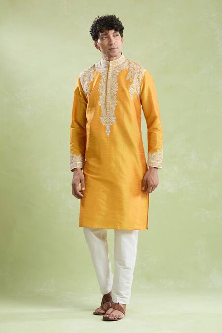 Buy_Arihant Rai Sinha_Yellow Silk Embroidery Floret Placket Kurta With Pyjama _Online_at_Aza_Fashions