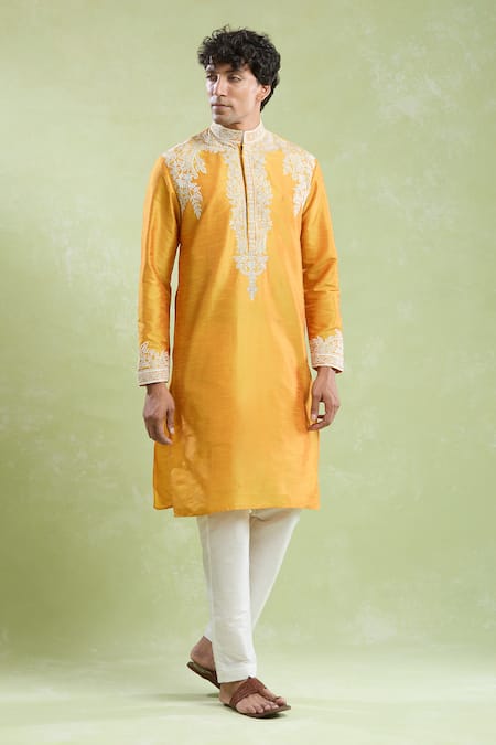Shop_Arihant Rai Sinha_Yellow Silk Embroidery Floret Placket Kurta With Pyjama _Online_at_Aza_Fashions