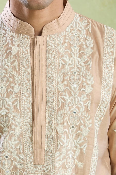 Arihant Rai Sinha Beige Chanderi, Crepe Embroidery Mughal Floral Kurta With Salwar Online at Aza Fashions Arihant Rai Sinha_Beige Chanderi, Crepe Embroidery Mughal Floral Kurta With Salwar _Online_at_Aza_Fashions