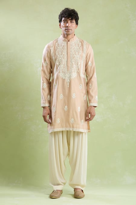 Shop Arihant Rai Sinha Beige Chanderi, Crepe Embroidery Mughal Floral Kurta With Salwar Online at Aza Fashions Shop_Arihant Rai Sinha_Beige Chanderi, Crepe Embroidery Mughal Floral Kurta With Salwar _Online_at_Aza_Fashions