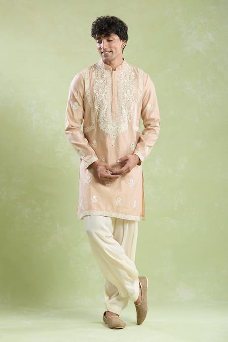 Arihant Rai Sinha Beige Chanderi, Crepe Embroidery Mughal Floral Kurta With Salwar at Aza Fashions Arihant Rai Sinha_Beige Chanderi, Crepe Embroidery Mughal Floral Kurta With Salwar _at_Aza_Fashions